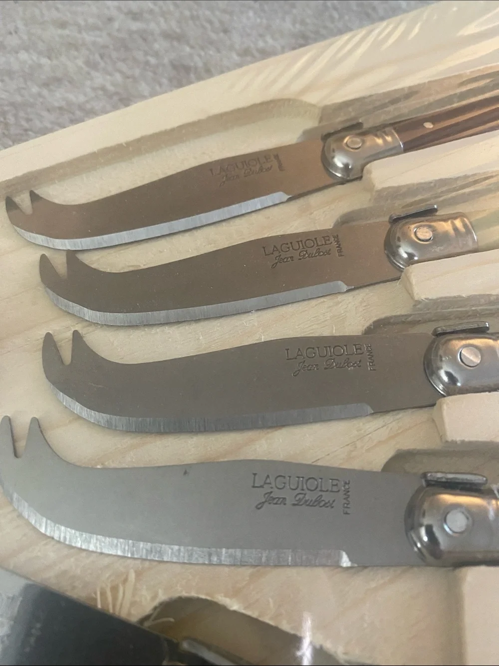 Stainless steel cheese knife set. Laquiole Jean Dubost France 5 piece set.